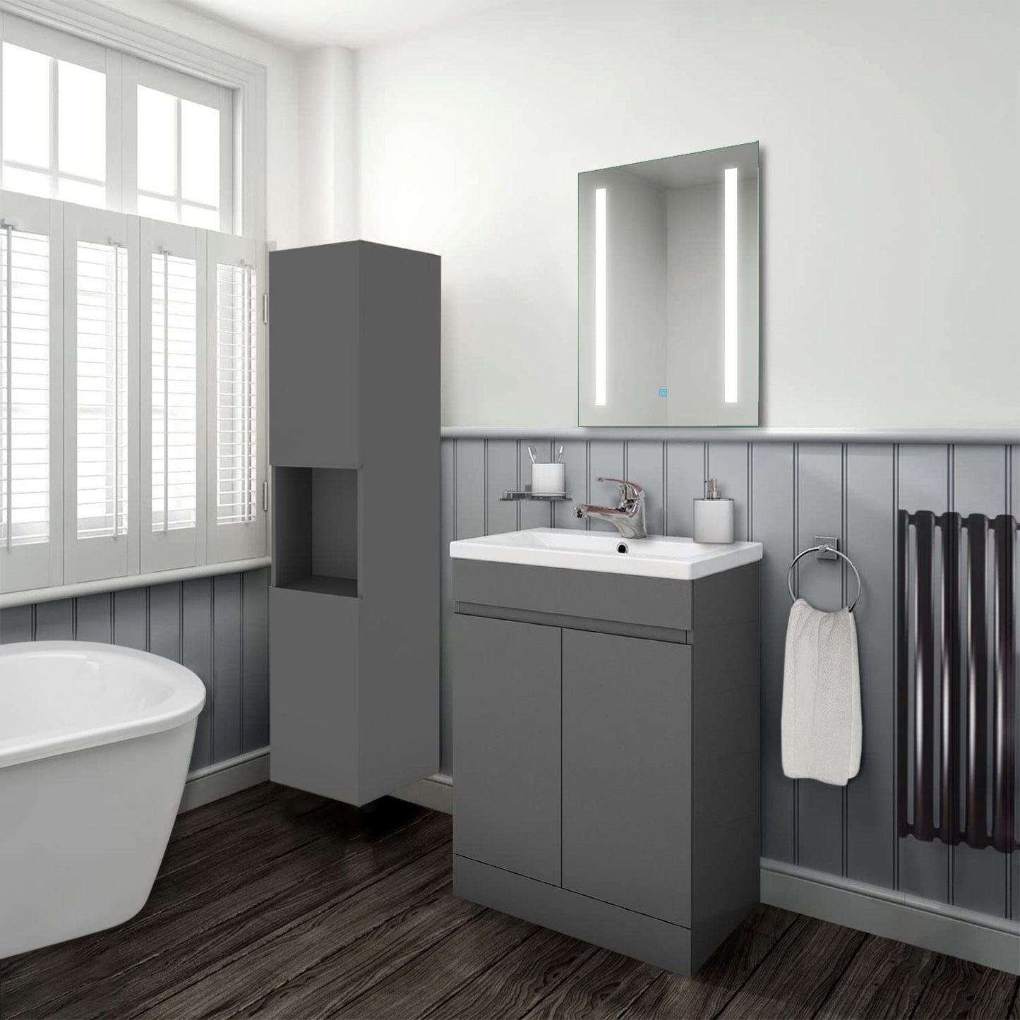 Biubiubath 600mm Vanity Unit with Basin Floor Standing Matt Grey Storage Cabinets 2 Doors