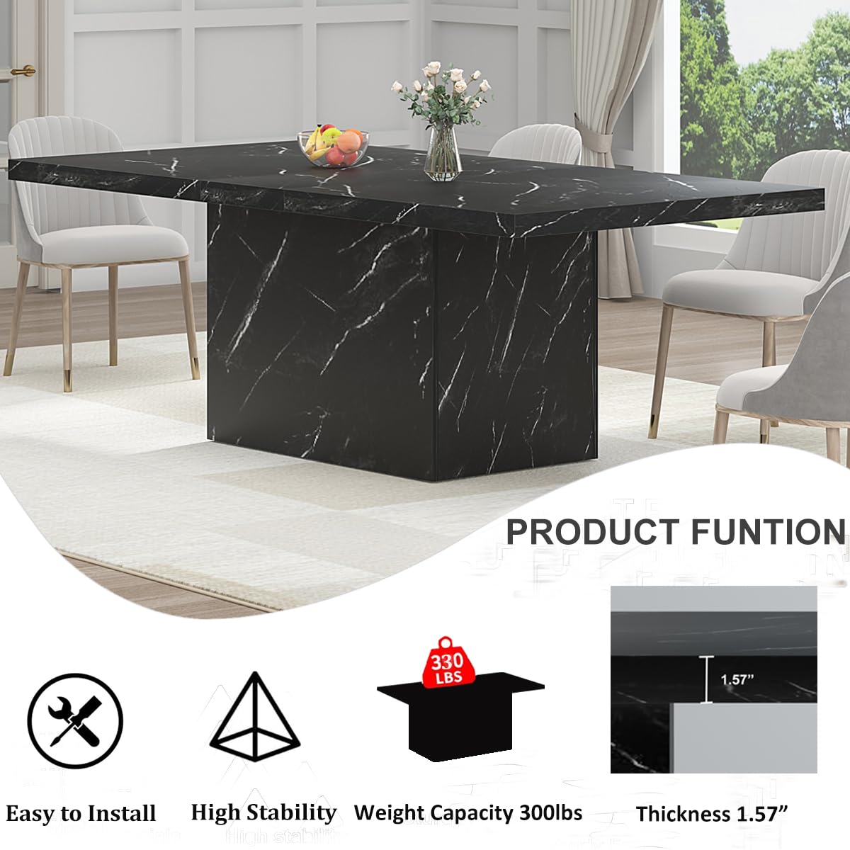 HSH Dining Table Modern Rectangle Kitchen Dinner Table 180cm Black Marble
