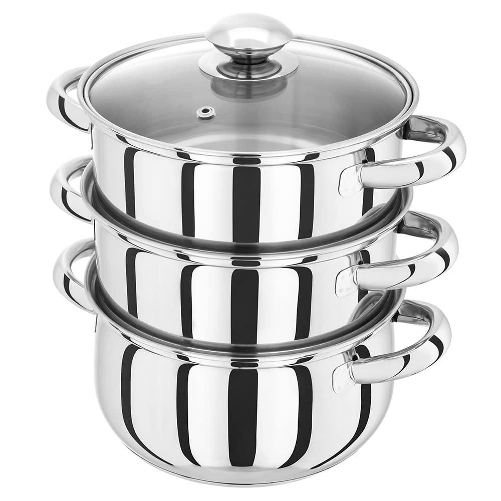 Judge Essentials Stainless Steel 3 Tier Steamer 18cm, Vented Glass Lid, Integral Casserole Pot, Oven Safe, Induction Ready, 25 Year Guarantee