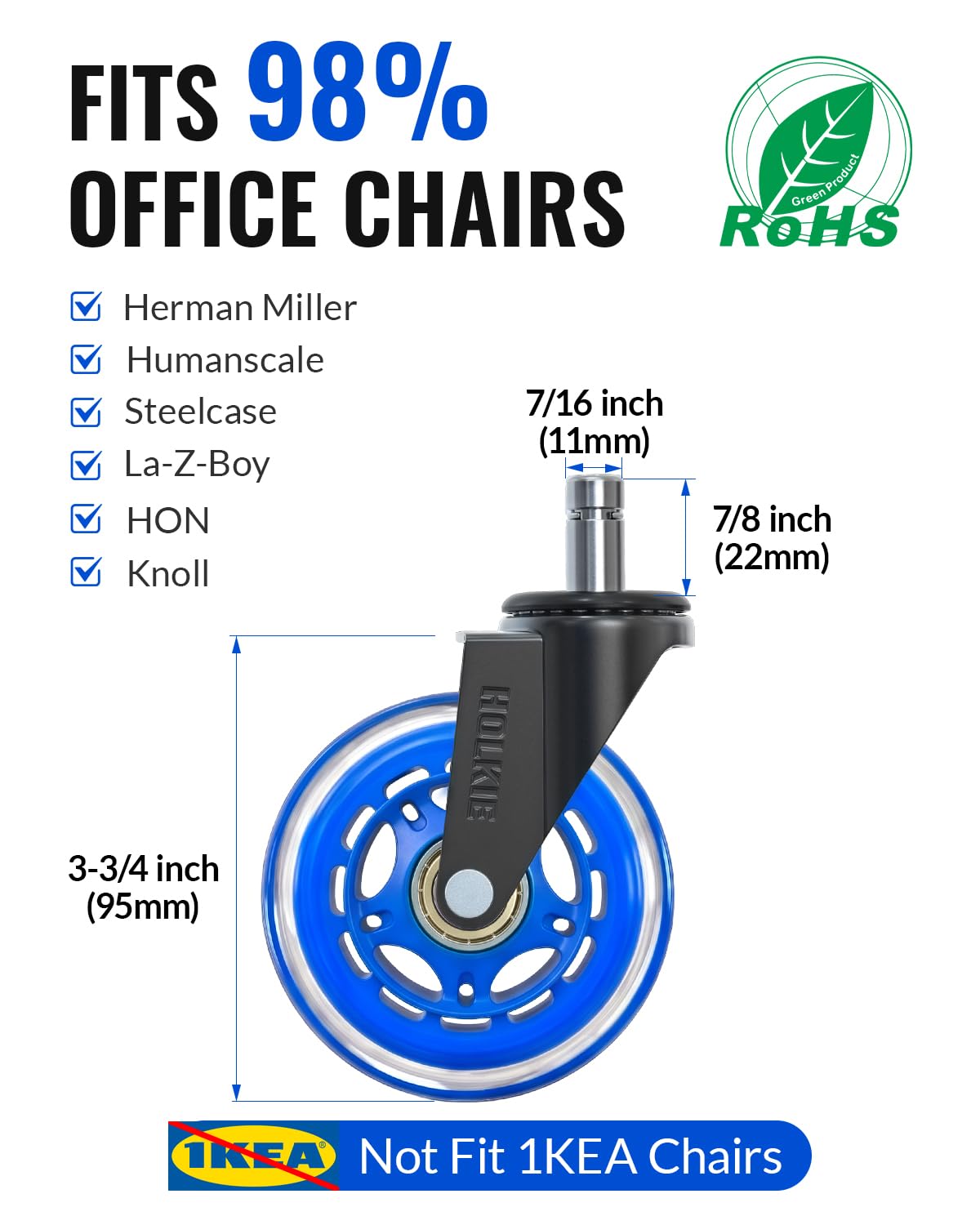 HOLKIE Gaming Chair Wheels 11x22mm Blue Core Replacement Desk Office Chair Wheels for Hard Floor Casters Set of 5 Heavy Duty Wheel Replacement for