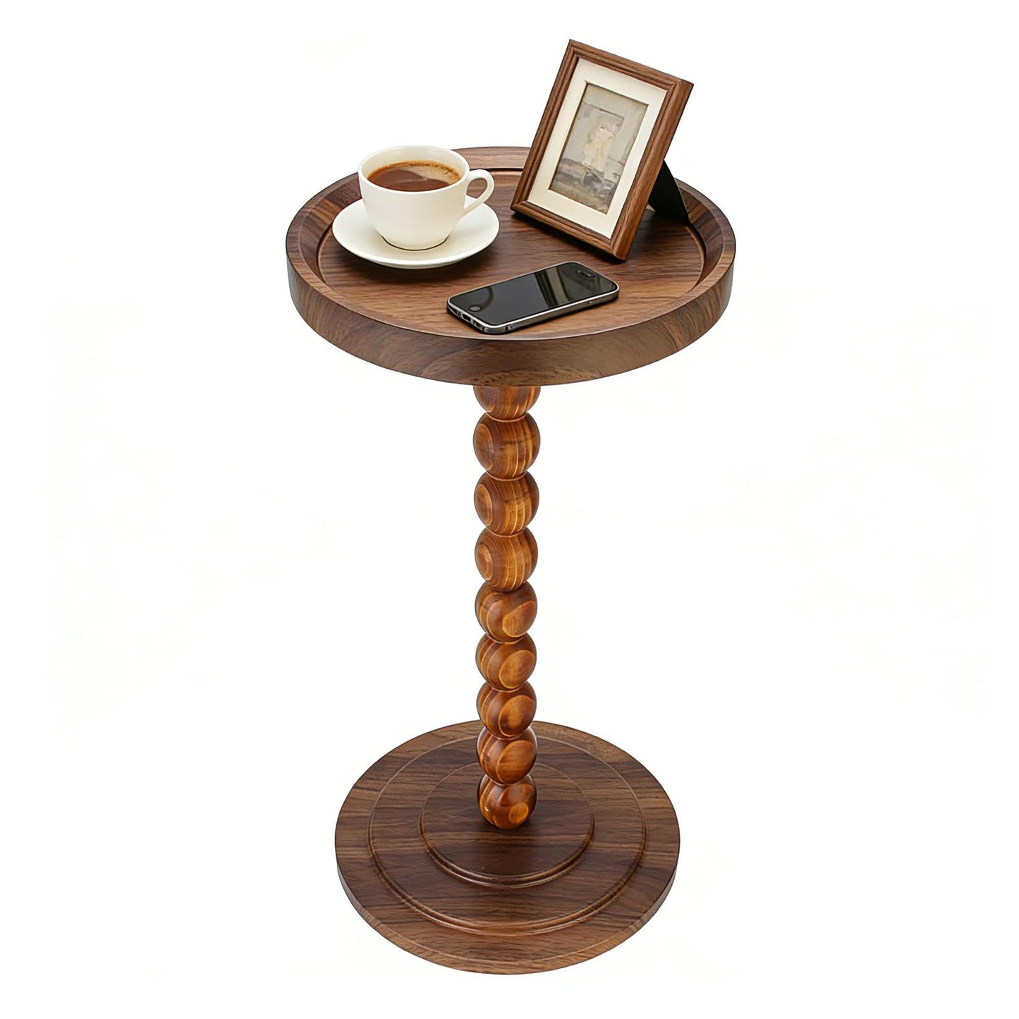 Simcat Round Side Table Bamboo Joint Design, Small Round Coffee Table for Small Spaces with Solid Wood Leg for Living Room, Bedroom, Corners