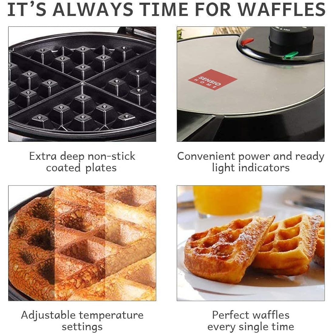 Global Gourmet - FULL SIZE American Waffle Maker Iron Machine 700W I Electric I Stainless Steel Mould I Non-Stick Coating I Recipes I Deep Cooking Plates I Adjustable Temperature Control - Black