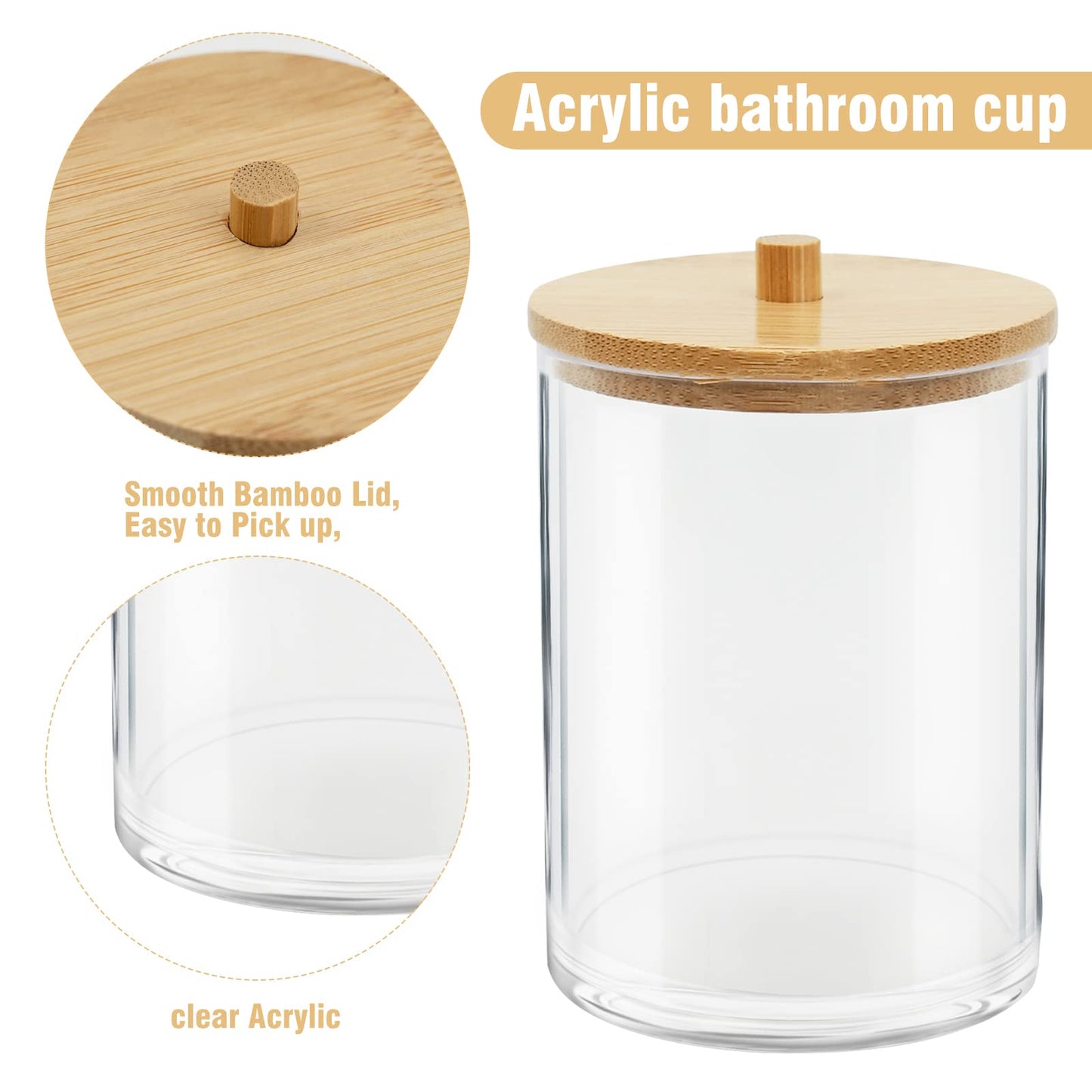 Gukasxi 3 Pack Acrylic Qtip Holder with Bamboo Lids Bathroom Canisters Jars Dispenser Cotton Swab Balls Pads Holder for Bathroom Storage Organizer