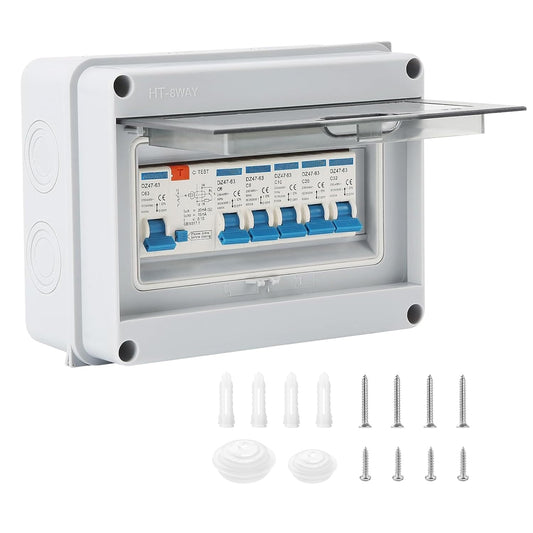 5 Way Consumer Unit Circuit Breaker, IP65 Weatherproof Garage Consumer Unit Anti-Leakage Fuse Box for Garage Workshop Caravan Outbuilding, 63A 1P+N