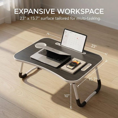 GnohGnoh Folding Lap Desk, 23 Inch Portable Wood Deep Black Laptop Bed Desk Lap Desk with Cup Holder, for Working Reading Writing, Eating