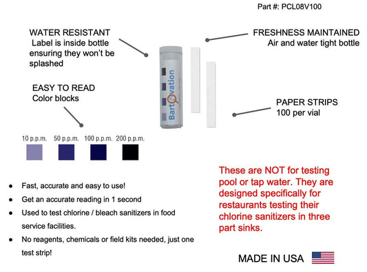 Six Pack Restaurant Sanitizer Chlorine Test Paper, 10-200 ppm [6 Vials of 100 Paper Strips]