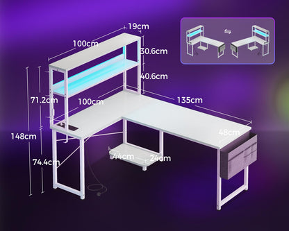 Coleshome L Shaped Gaming Desk with LED Lights & Power Outlet, White