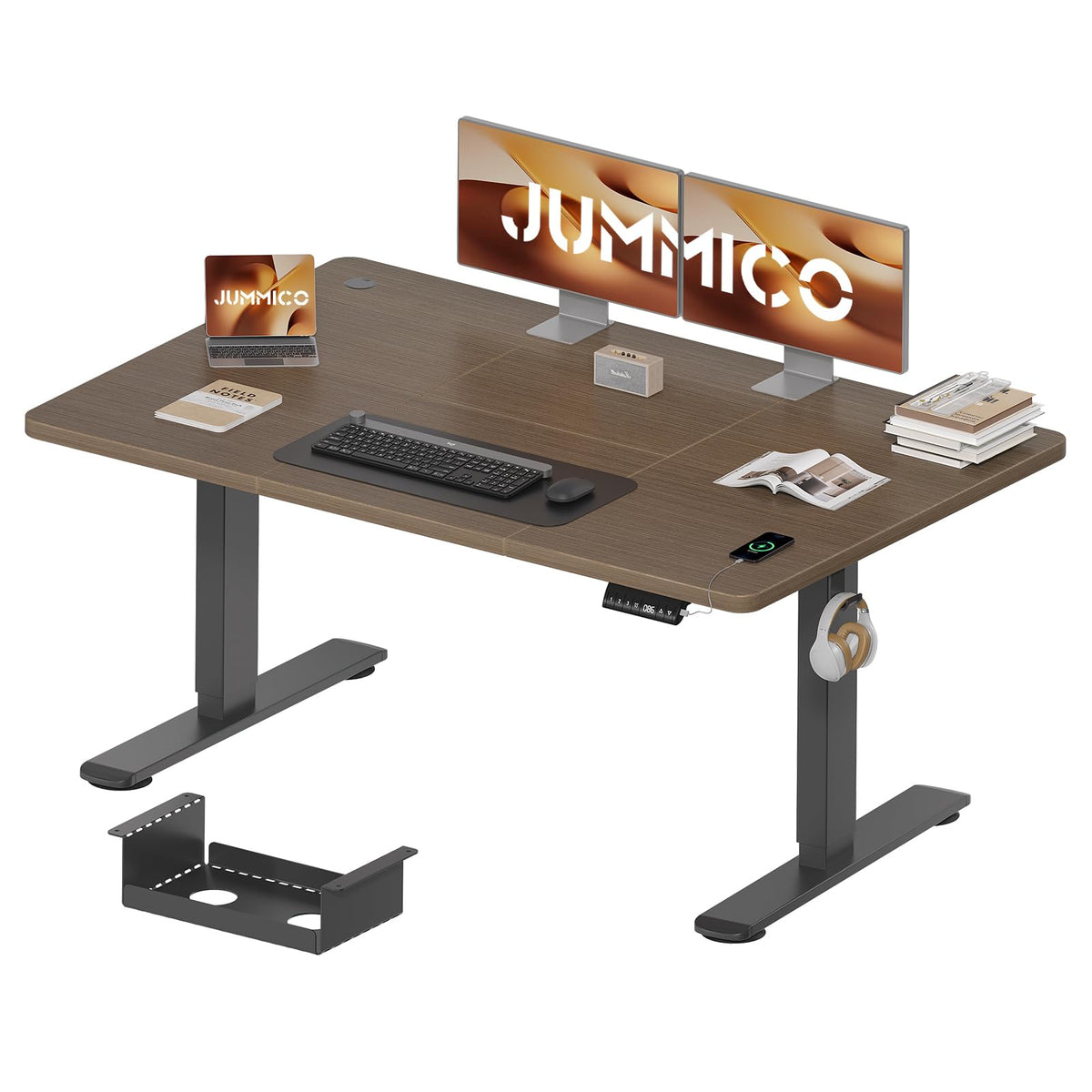 JUMMICO 140 x 70 cm Electric Standing Desk with USB Charging, Sedentary Reminder Height Adjustable Standing Desk, Sit Stand Desk