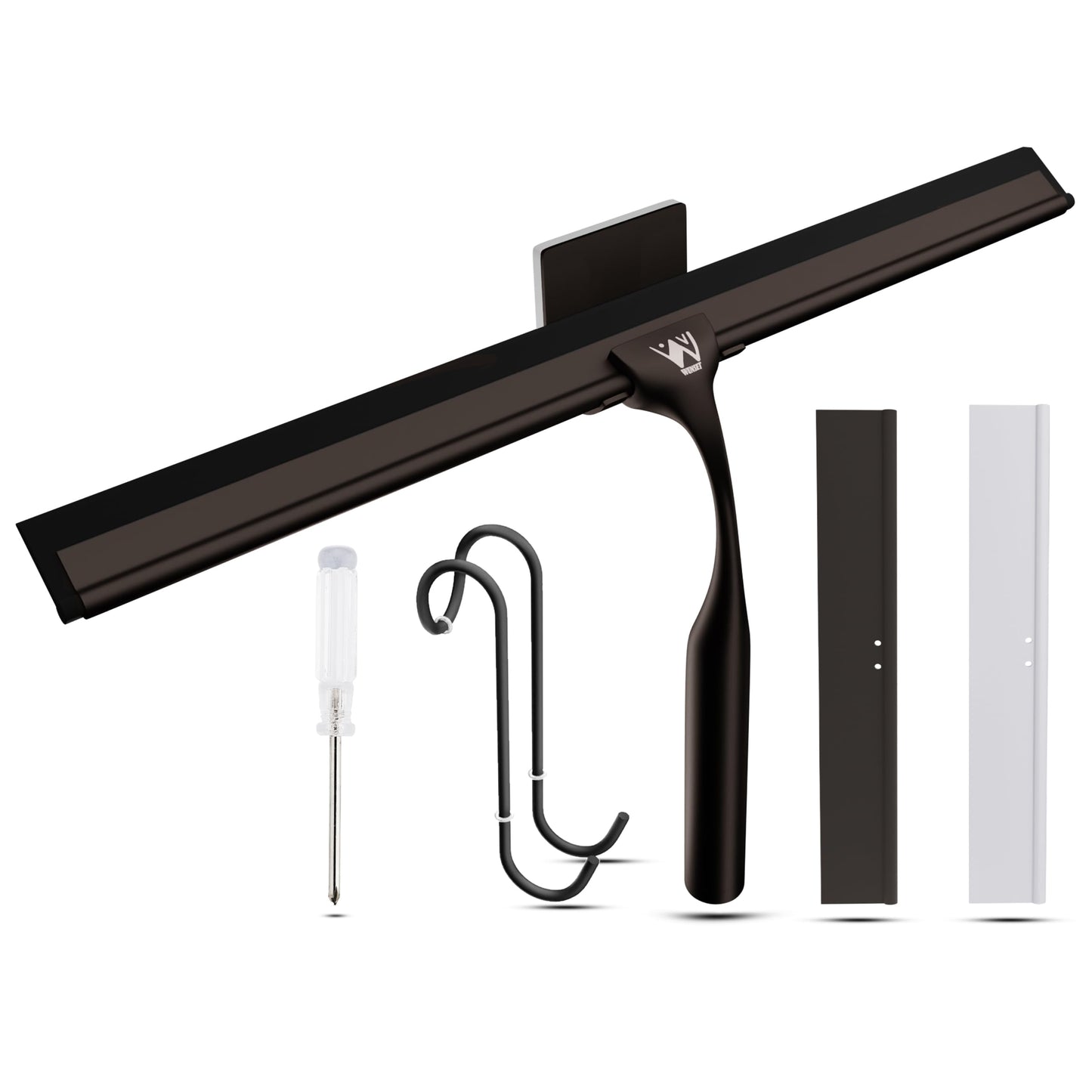 Wunset 30 cm Shower Squeegee, Large Bronze Window Squeegee - 6 Pieces Set Including 2 Replacement Silicone Lips, Squeegee Shower Cleaner for Shower