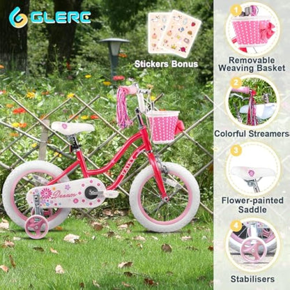 Glerc Daisy 14 Inch Girls Bike for 2-7 Years Kids with Stabilisers Basket Streamers and Bell,Multiple Colors