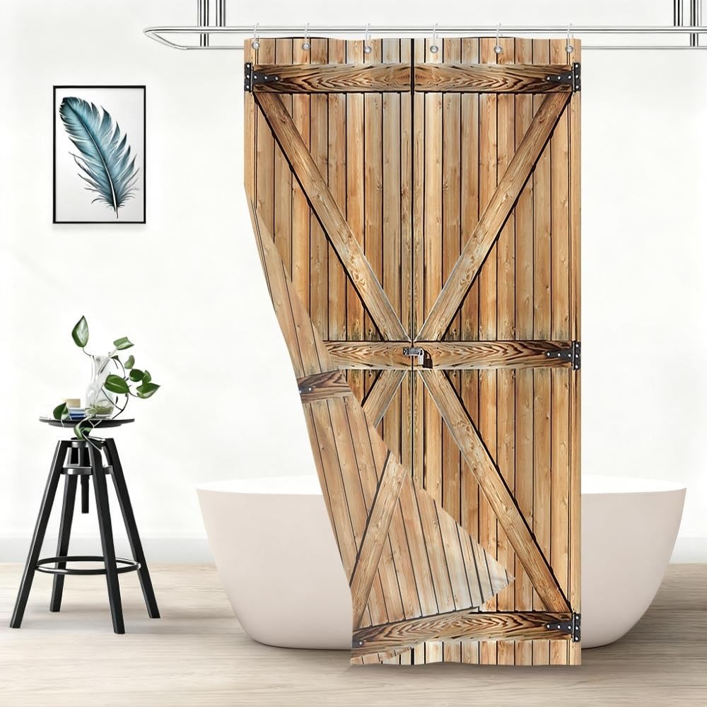 Xiaoterna Rustic Shower Curtain Retro Brown Wooden Door Waterproof Bathroom Curtain Western Country Harvest Farm Barn Machine Washable Mildew