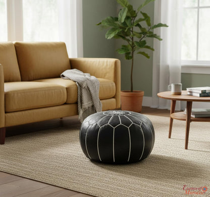 ESSENCE OF MOROCCO Moroccan Pouffe Pouf Footrest Footstool Ottoman Real Leather Black and White Handmade Hand-stitched with Embroidered Marrakech