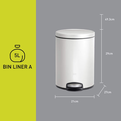 EKO Eva Pedal Bathroom Bin 5 Litres, Rubbish Bin with Soft Close Lid, Removable Inner Bucket, Perfect for Bathroom, Bedroom & Home, White