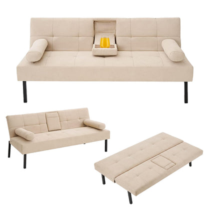 Panana Click Clack Sofa Bed Linen Fabric 3 Seater Sofa Couch Living Room/Spare Room/Guest Room Bed Settee With Cup Holders, Beige