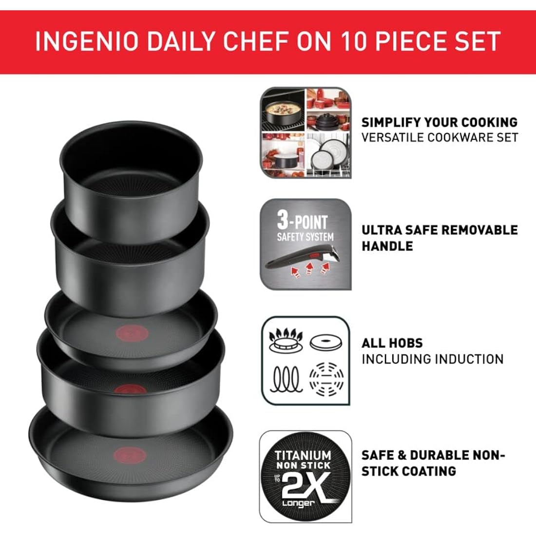 Tefal Ingenio Daily Chef ON 10 Piece Non-Stick Induction Pan Set, 22&26cm Frying Pans, 18&20cm Saucepans, 24cm Sautepan, 18&20cm Hermetic Lids, Spatula, 2 Bakelite Removable Handles, Grey, L7619302