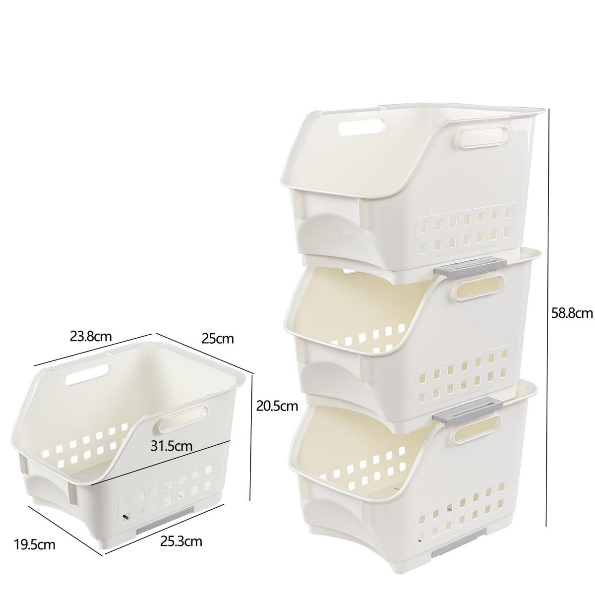 Obstnny 3-Pack Plastic Kitchen Stacking Storage Baskets Racks, White