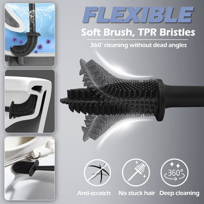 2 Pack Silicone Toilet Brush with Holder Set Flexible Bristles Black