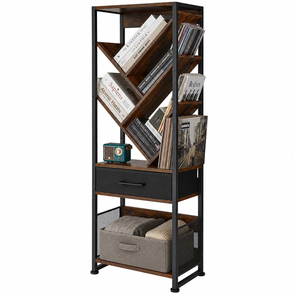 ruboka Tree Bookshelf with Side Table, Tall Bookcase with Storage Cabinet, Floor Standing Modern Narrow Bookshelves Organizer for Bedroom/Living