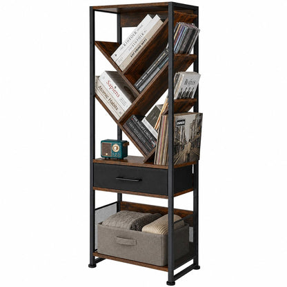 ruboka Tree Bookshelf with Side Table, Tall Bookcase with Storage Cabinet, Floor Standing Modern Narrow Bookshelves Organizer for Bedroom/Living