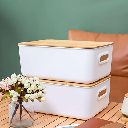 WOPPLXY 4PCS White Storage Boxes with Bamboo Lid - 6.5L Stackable Plastic Storage Box with Lids Durable