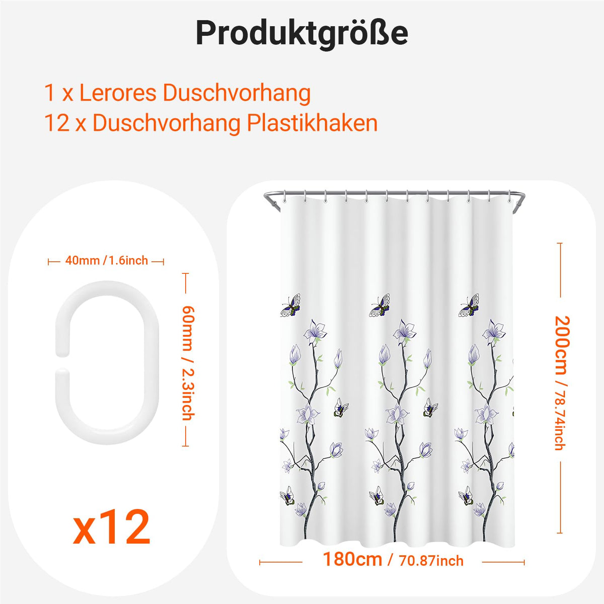 Lerores Shower Curtain 180x200 cm Flower Trees, Weighted Hem Anti-Mould Textile, Water-Repellent