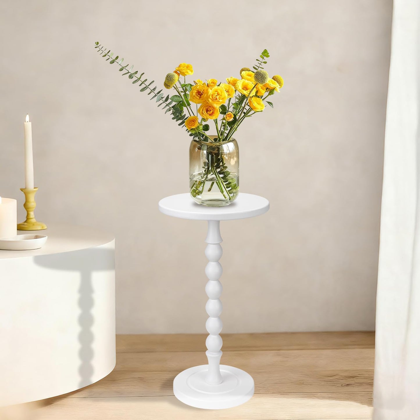 Lampaggio Round Side Table for Small Spaces, Drink Table with Oak Wood Pedestal, Modern End Table Nightstand for Living Room, Bedroom, Office