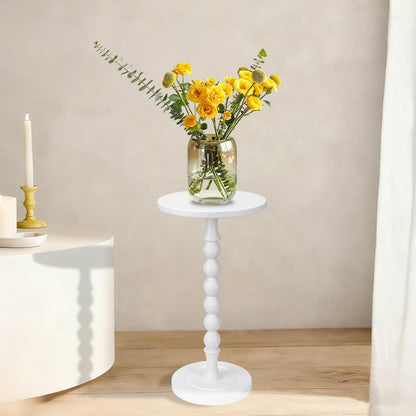 Lampaggio Round Side Table for Small Spaces, Drink Table with Oak Wood Pedestal, Modern End Table Nightstand for Living Room, Bedroom, Office