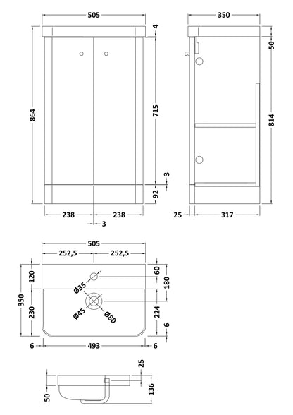 nuie COR1404 Core Modern Bathroom Floor Standing 2 Door Vanity Basin Unit with Ceramic Basin, 500mm, Soft Black