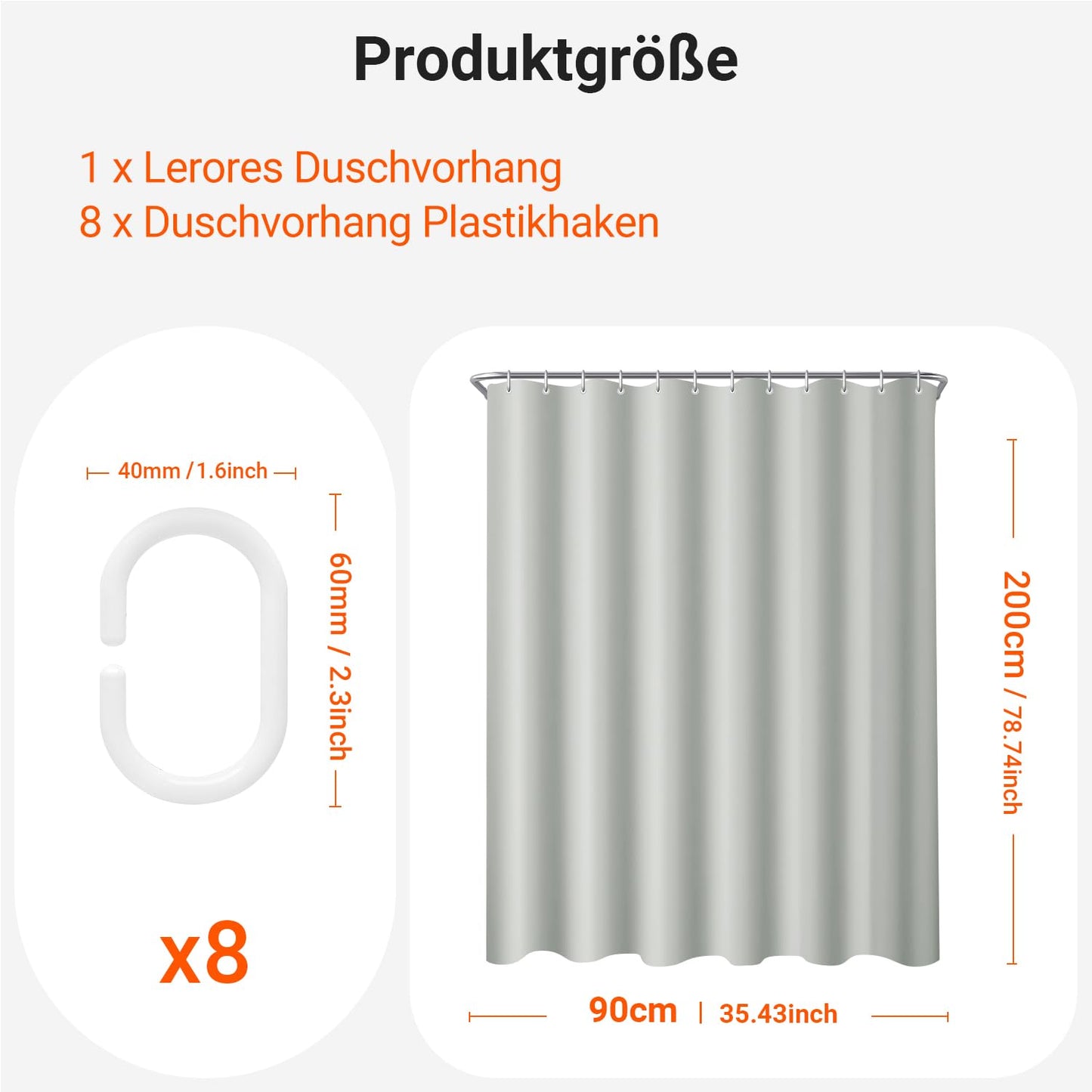 Lerores Shower Curtain, 90 x 200 cm, Grey, Weighted Hem, Anti-Mould Textile, Water-Repellent, Washable Polyester Fabric Bath Curtains for Bathroom