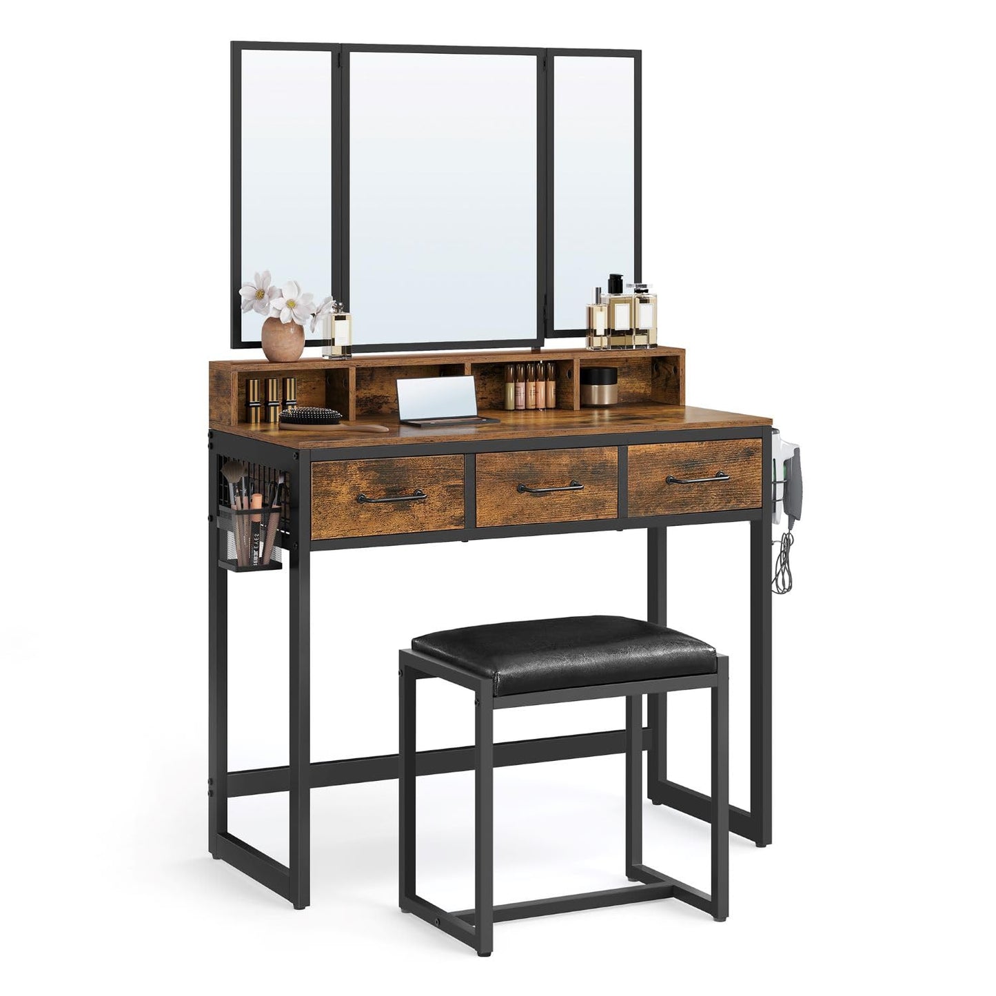 VASAGLE Dressing Table with Mirror and Stool, Vanity Table with Tri-Fold Mirror, 3 Drawers, Hair Dryer Holder, Makeup Desk, Industrial Style, Rustic