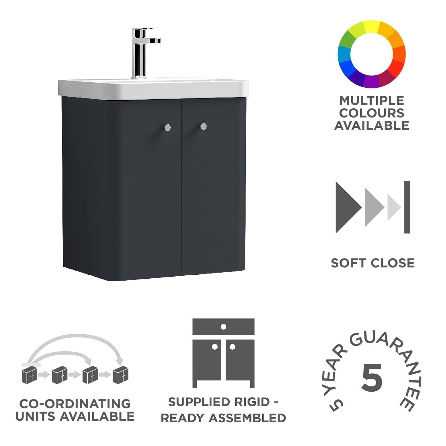 nuie COR1403 Core Modern Bathroom Wall Hung 2 Door Vanity Basin Unit with Ceramic Basin, 500mm, Soft Black