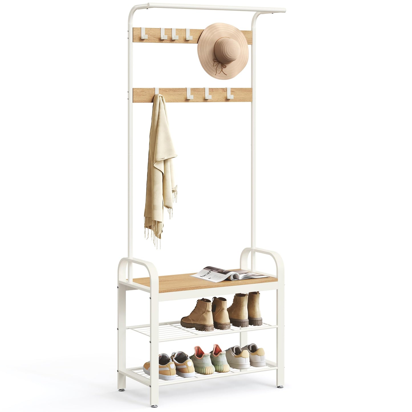 VASAGLE Coat Rack, Coat Stand with Shoe Storage Bench, 4-in-1 Design, with 9 Removable Hooks, a Clothes Rail, for Hallway, Entrance, 34 x 72 x 183 cm,
