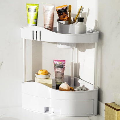 BAKAJI Bathroom Corner Shelf with Drawer, Multi-Shelf Organizer Hard Plastic, Corner Shelf Unit, Minimal Organizer Shelf for Bathroom, Kitchen