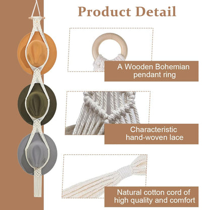 CCAIPU Macrame Hat Rack, Boho Hat Hanger Wall Hanging Hats Organizer for Wide Brim Cap Cowboy Storage for Man and Women (A-2Pcs)