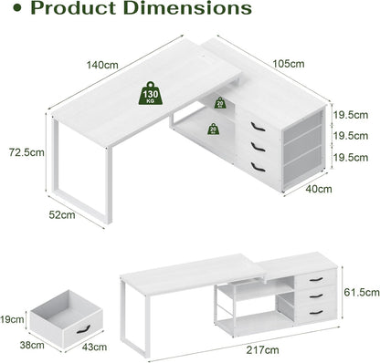 JUMMICO Corner Desk with 3 Drawers, 140 x 105 cm, Folding L-shaped Desk, Equipped with Socket and USB Charging Port, Storage Space