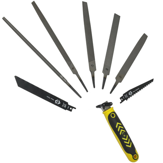 C.K Tools Multi File & Saw 8pc Kit, Universal Quick Change Files & Hand Saws Set for Wood, Metal, Plasterboard & Plastic, Reciprocating Jab Sawing,
