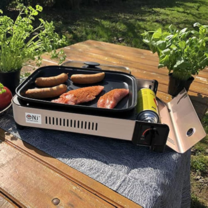 NJ Portable Gas BBQ Deep Dish Grill Stove Tabletop Camping Cooker Non-stick Pan Glass LID