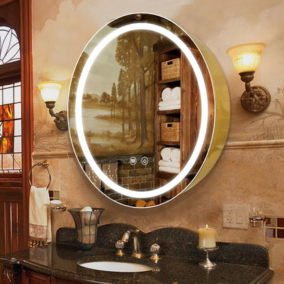 Janboe 61cm Round Mirror Cabinet with Lights,with Defogger,Dimmable,Anti-Fog,3 Colors,Gold