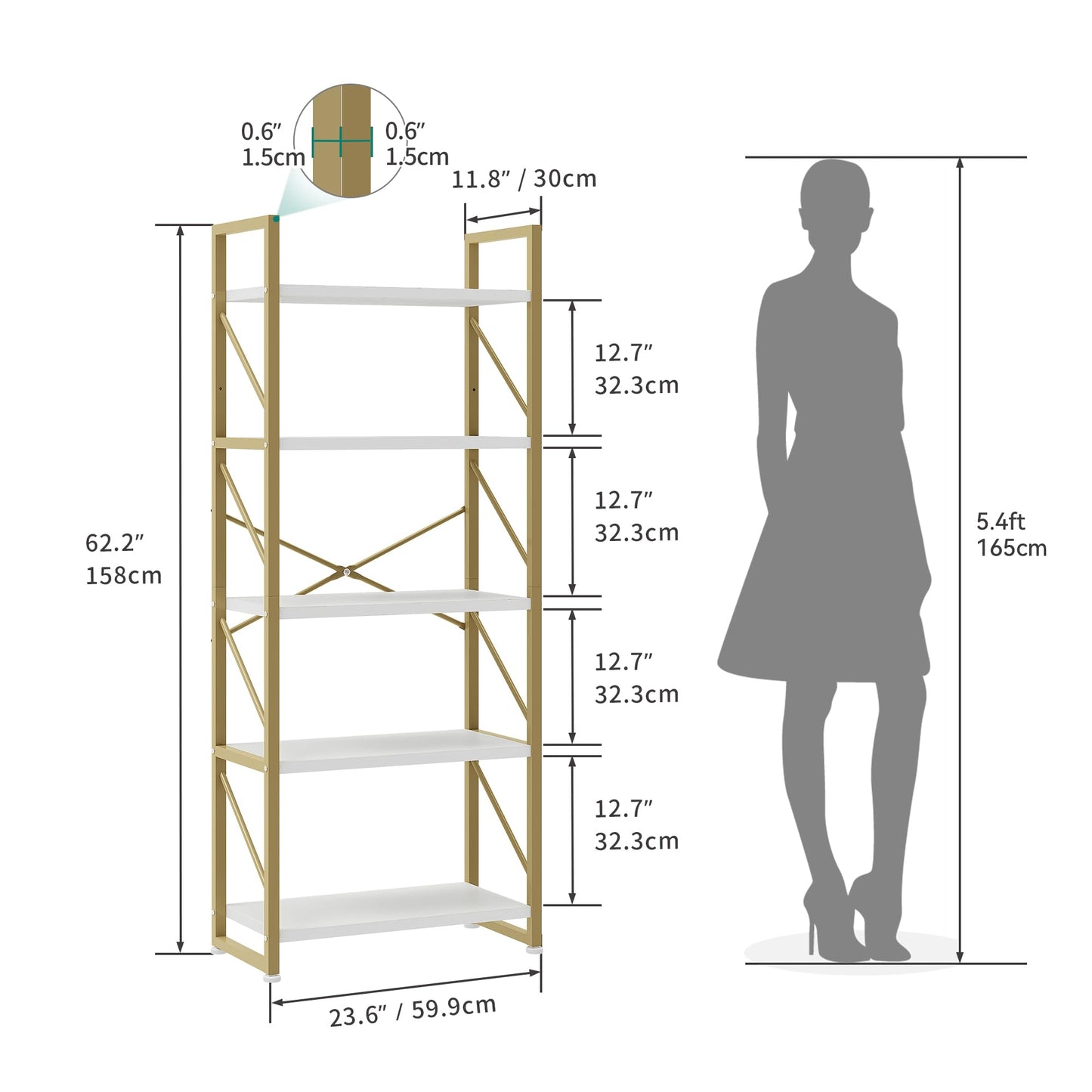 YITAHOME Bookcase 5 Tiers, Floor Standing Book Shelf, Wooden Shelf and Metal Frame Book Rack, Display Storage Rack Shelving Units for Living Room,