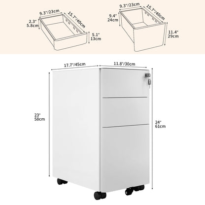 DWVO 3 Drawer Lockable Filing Cabinet Mobile Steel White Grey 30x45x61cm
