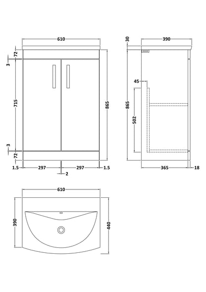 nuie ATH075G Athena Modern Bathroom Floor Standing 2 Soft Close Doors Vanity Unit with Curved Ceramic Basin with 30mm Profile, 600mm, Gloss Grey