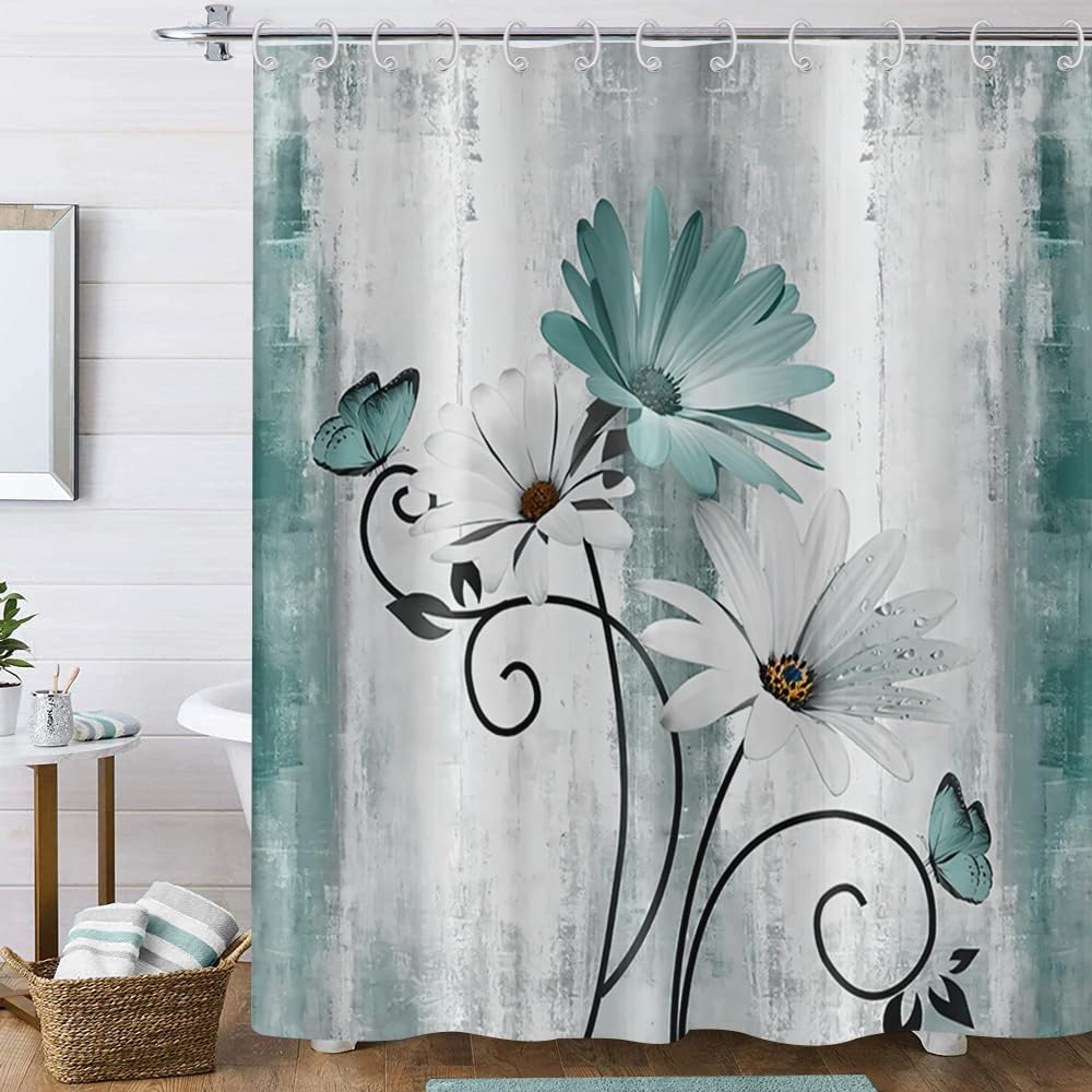 Hnmdmyi Farmhouse Floral Shower Curtain 90x180, Rustic Turquoise Daisy Flowers and Butterfly on Country Wooden Board Bathroom Curtains Waterproof