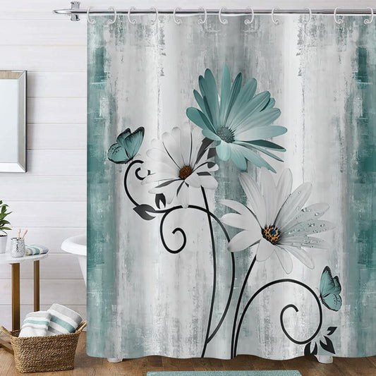 Hnmdmyi Farmhouse Floral Shower Curtain 90x180, Rustic Turquoise Daisy Flowers and Butterfly on Country Wooden Board Bathroom Curtains Waterproof