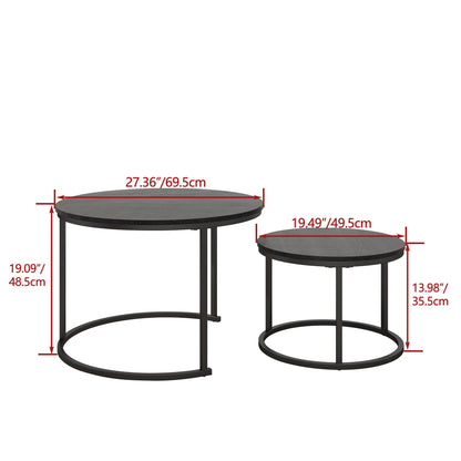 HOJINLINERO Round Coffee Table Side Table Set of 2 for Living Room,Black Coffee Table Nesting Tables Metal Frame with Wood Look,Sturdy and Easy