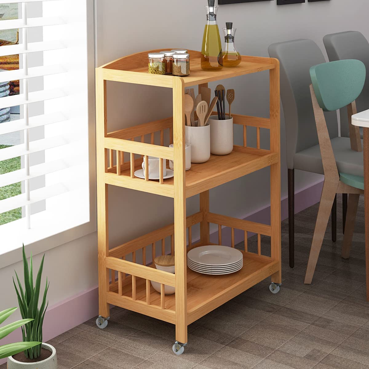 sogesfurniture Bamboo Kitchen Serving Trolley Cart 3 Tier Kitchen Storage Rack Serving Trolley on wheels Restaurant Storage, KS-ZC05-BH