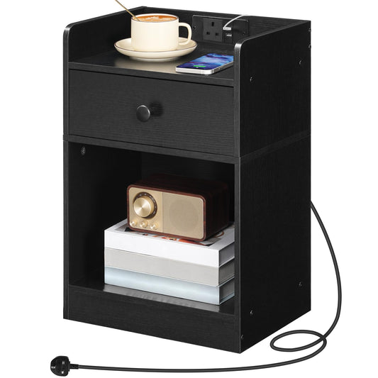HOOBRO Bedside Table with Charging Station, Sofa Side Table with USB, Bed Side End Table with Socket, Nightstand with Drawer, for Bedroom, Living