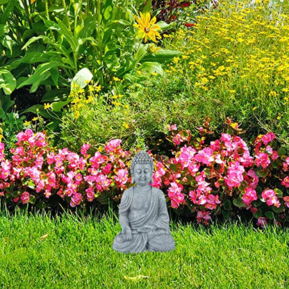 Relaxdays Buddha Ornament Sitting 30 cm high, Garden Decorative Figurine; Weatherproof, Frost-proof, Light Grey