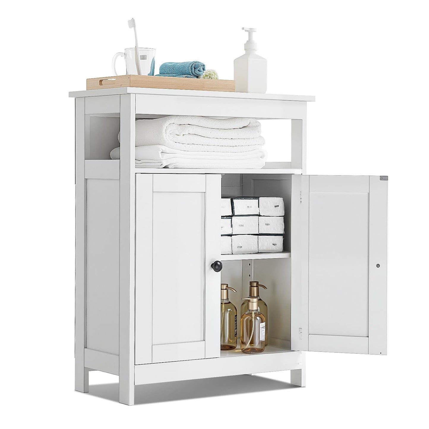 VEVOR Bathroom Floor Cabinet, 3-Tier, Wooden Storage Organizer with 2 Doors and Adjustable Shelf