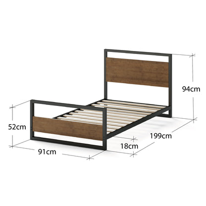Zinus Suzanne Metal Bed Frame with Wooden Headboard & Footboard | Single 90x190 cm | 18 cm High | Low Profile | Wood Slat Support | For Adults, Kids