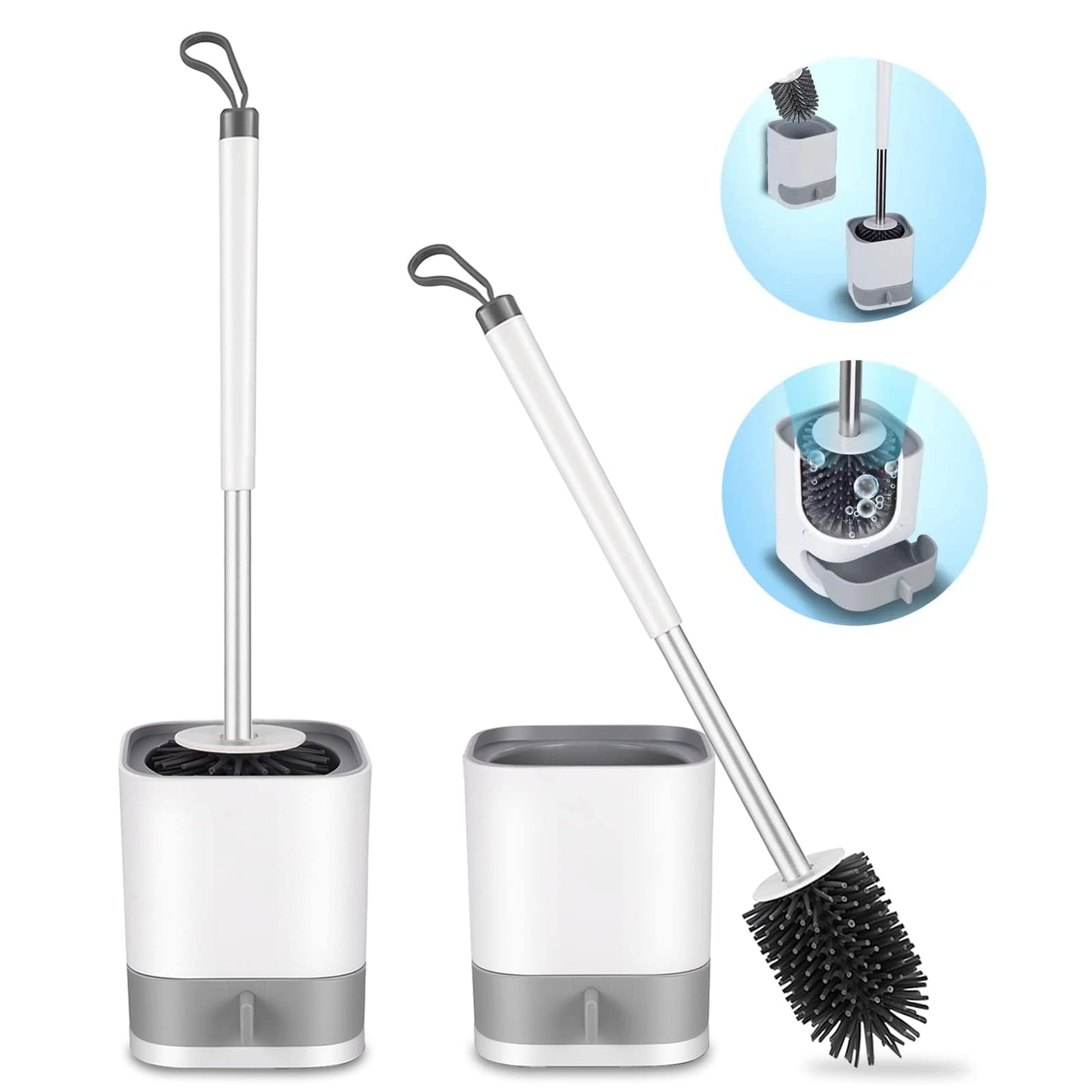 Toilet Brush, HIYAA Silicone Toilet Brush with Holder 2 Pack, Toilet Cleaning Brush with Quick Drying Holder and No-Slip Stainless Steel Handle for